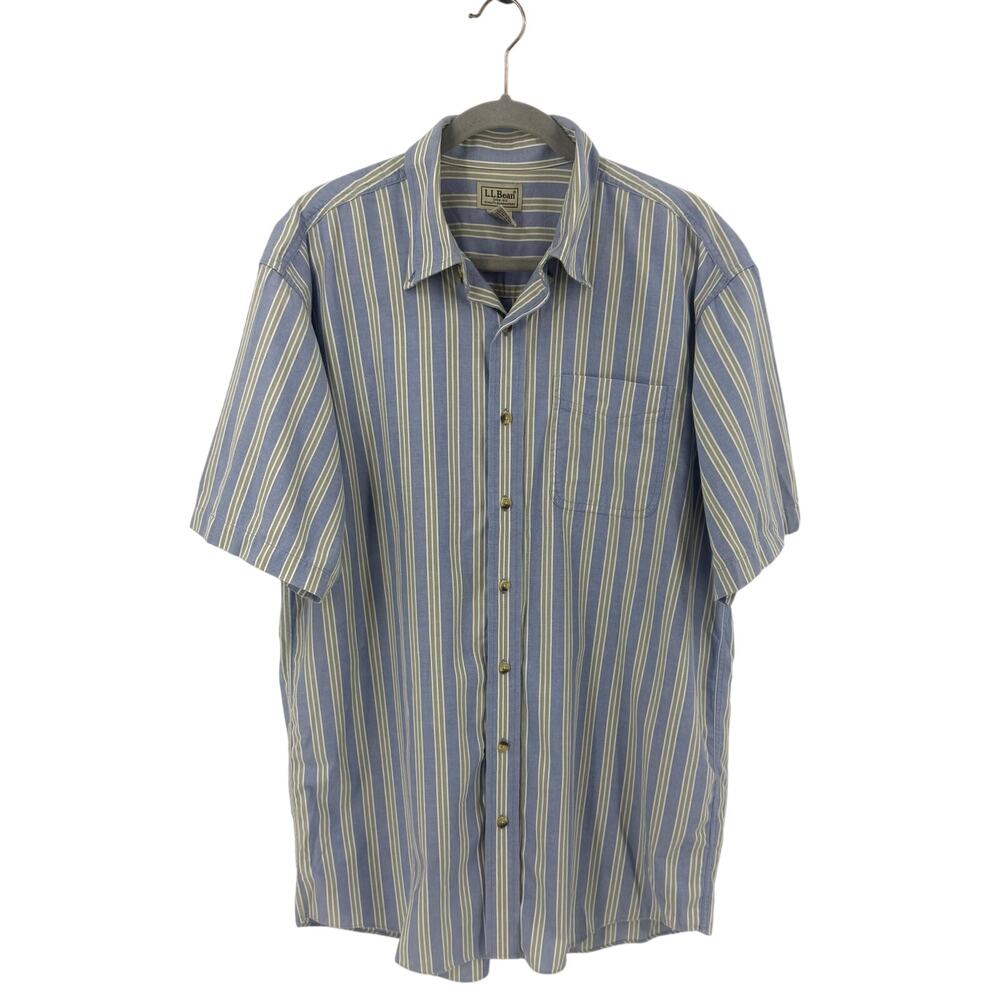 LL Bean Mens Button Up Shirt Size Large Tall Blue Green Cotton Short Sleeve